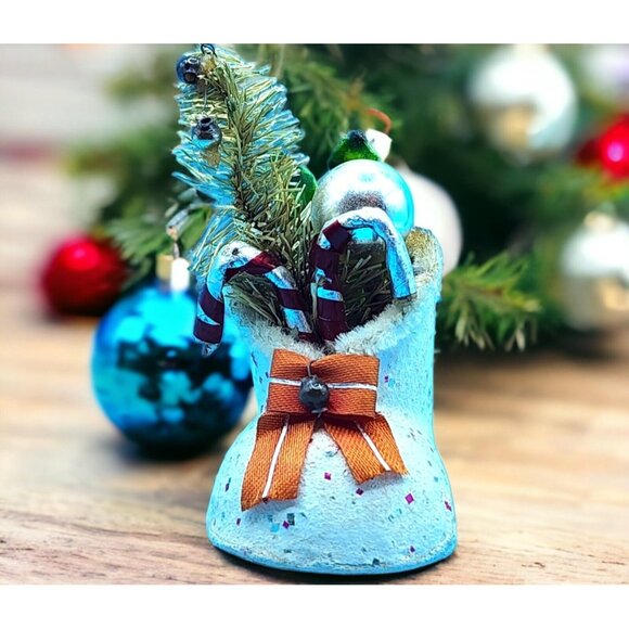 Putz Santa Boot Ornament Bottle Brush Tree Mercury Glass Beads Mica Japan 1950s - Picture 1 of 9